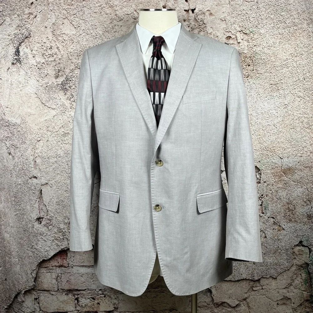 Alan Flusser Blazer Mens 44L Gray Cotton Two Button Sport Coat Coastal